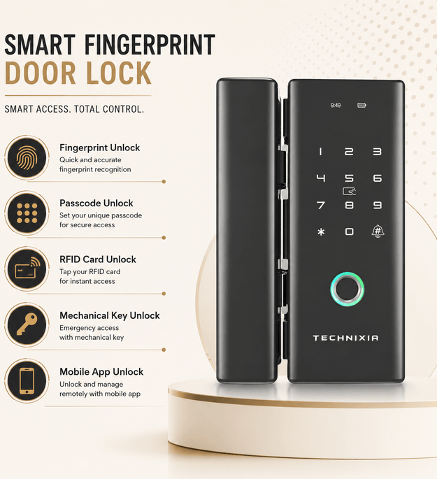 Technixia Smart Glass Door Lock with Fingerprint, RFID & WiFi Mobile App Control - Technixia Automation