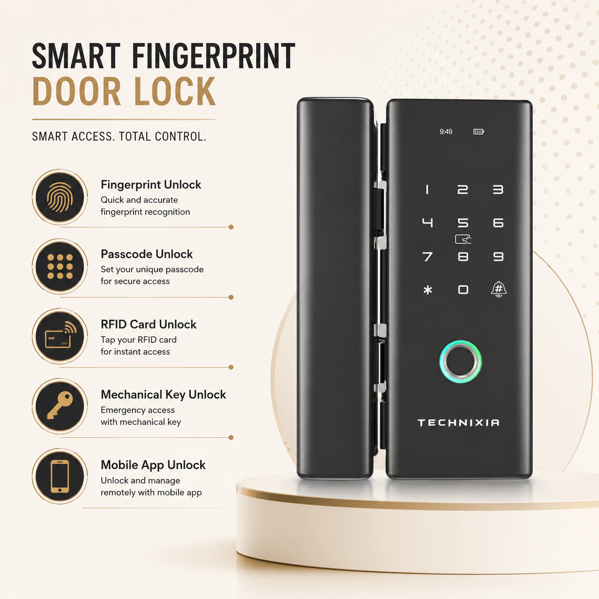 Technixia Smart Glass Door Lock with Fingerprint, RFID & WiFi Mobile App Control - Technixia Automation