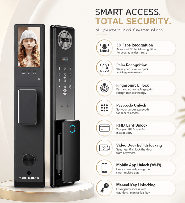 Technixia TAS04 PRO Smart WiFi Door Lock with 3D Face Recognition & Palm Recognition - Technixia Automation
