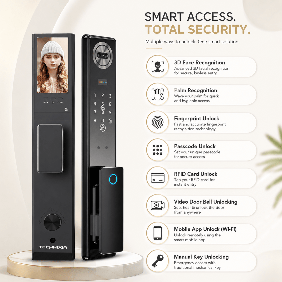 Technixia TAS04 PRO Smart WiFi Door Lock with 3D Face Recognition & Palm Recognition - Technixia Automation